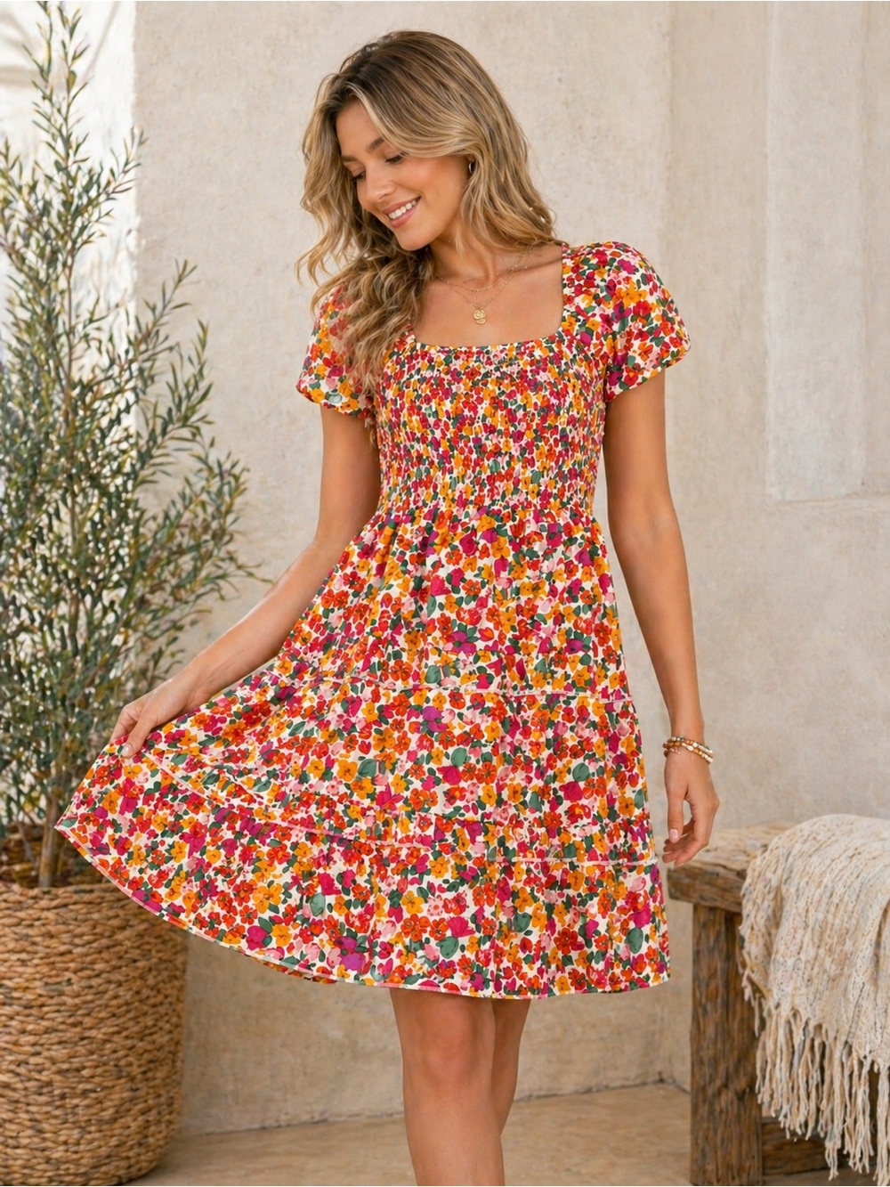 NWT Floral Smocked Puff Sleeve Tiered Mini Dress Size medium Bright Cottagecore